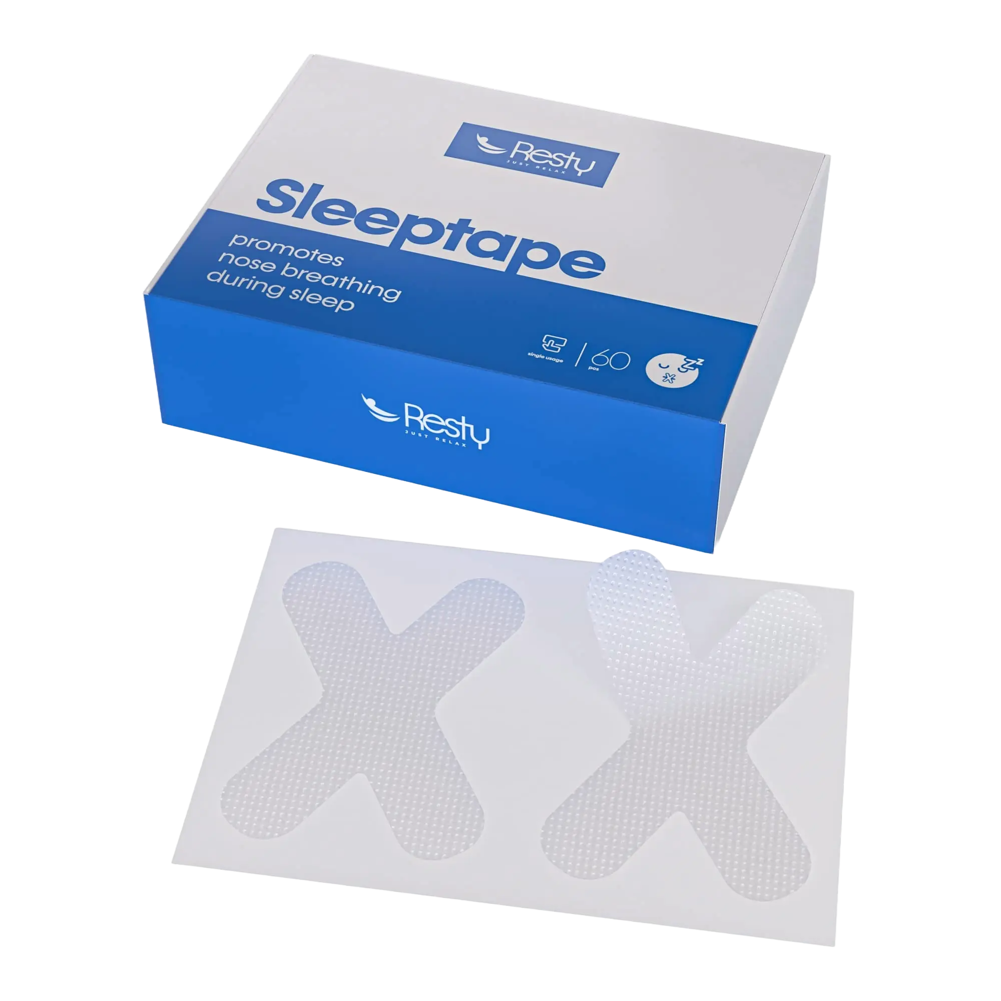 Package of 'Resty Mouth Tape' for improved nasal breathing, with 36 single-use H-shaped pieces.