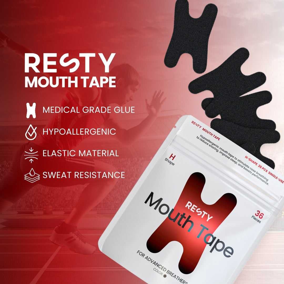 Advanced H-Shape Mouth Tape Resty. Text over image reads Resty mouth tape. Medical grade glue. Hypoallergenic. Elastic material. Sweat resistance.'