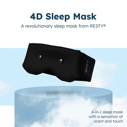 Resty Sleep Mask with text around it which reads ' 4D Sleep mask. A revolutionary sleep mask from Resty. 4-in-1 sleep mask with a sensation of scent and touch.'