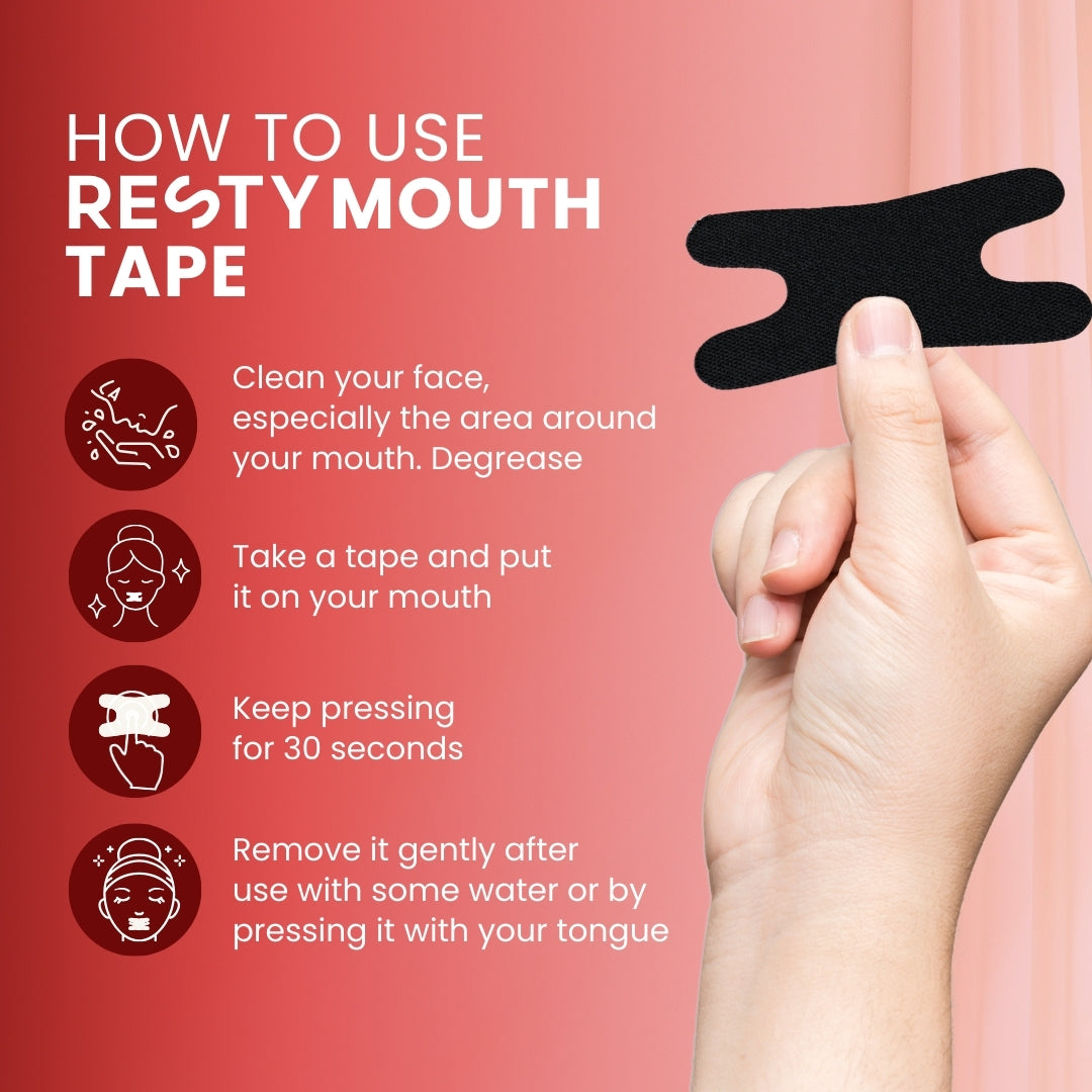 A hand holding up a resty Advanced H-Shape Mouth Tape. Text beside hand reads ' How to use Resty mouth tape. Clean your face, especially the area around your mouth. Degrease. Take a tape and put it on your mouth. Keep pressing for 30 seconds. Remove it gently after use with some water or by pressing it with your tongue.'