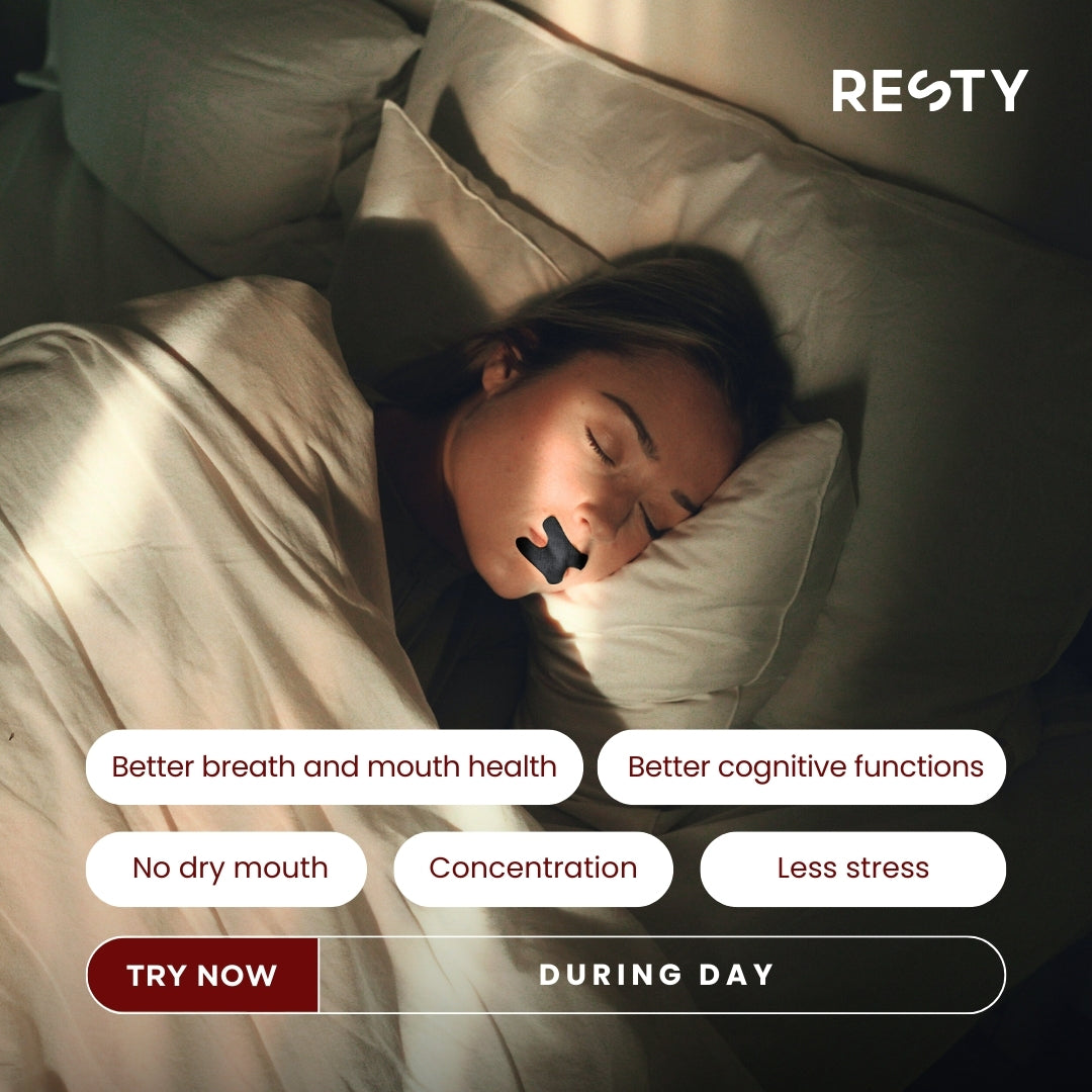 A blonde woman sleeps while wearing resty Advanced H-Shape Mouth Tape. Text over image reads 'Better breath and mouth health. Better cognitive functions. No dry mouth. Concentration. Less stress. Try now. During day.'