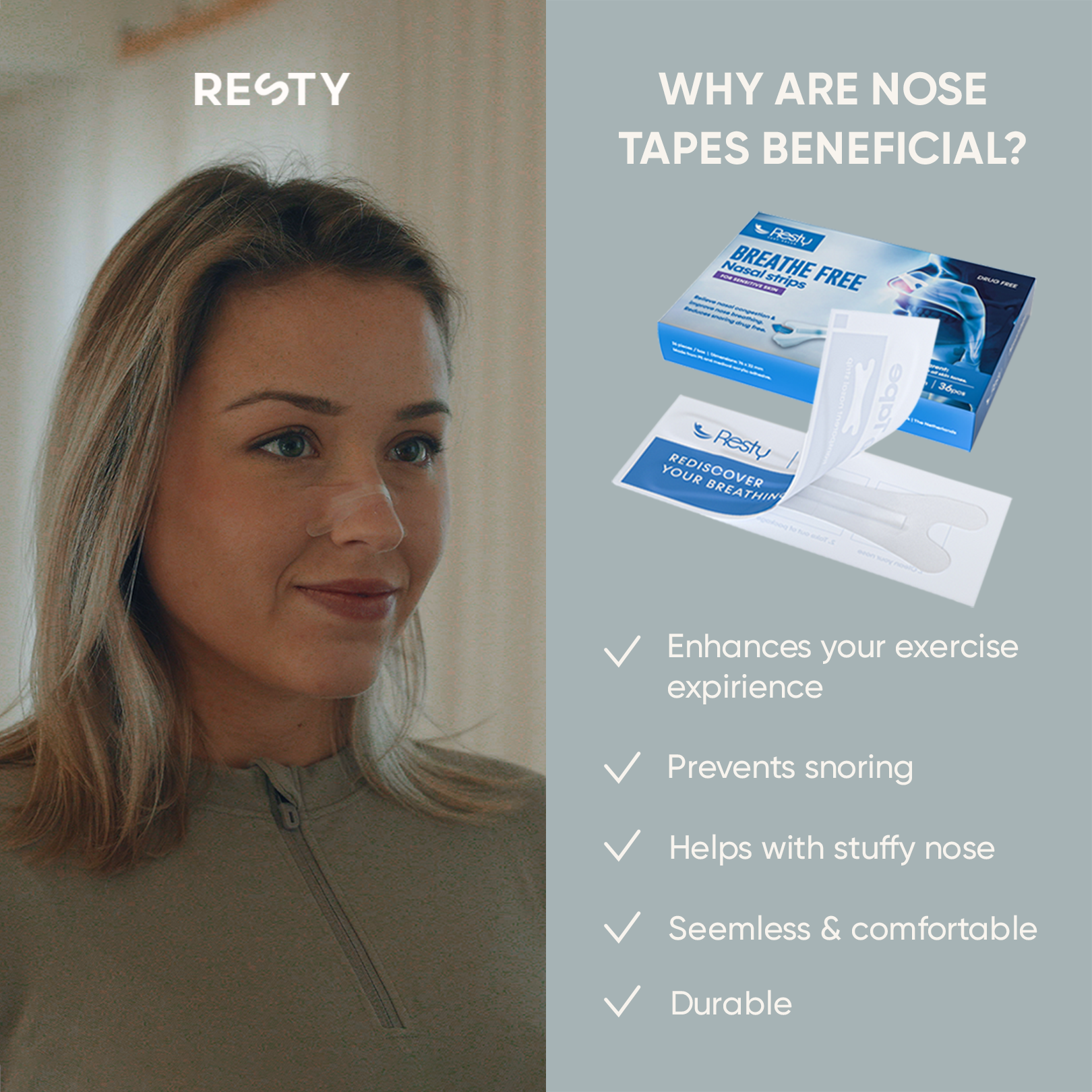 a woman wearing resty Transparent nasal strips. Text beside her image reads 'Why are nose tapes beneficial? Enhances your exercise experience. Prevents snoring. Helps with stuffy nose. Seamless and comfortable. Durable.'