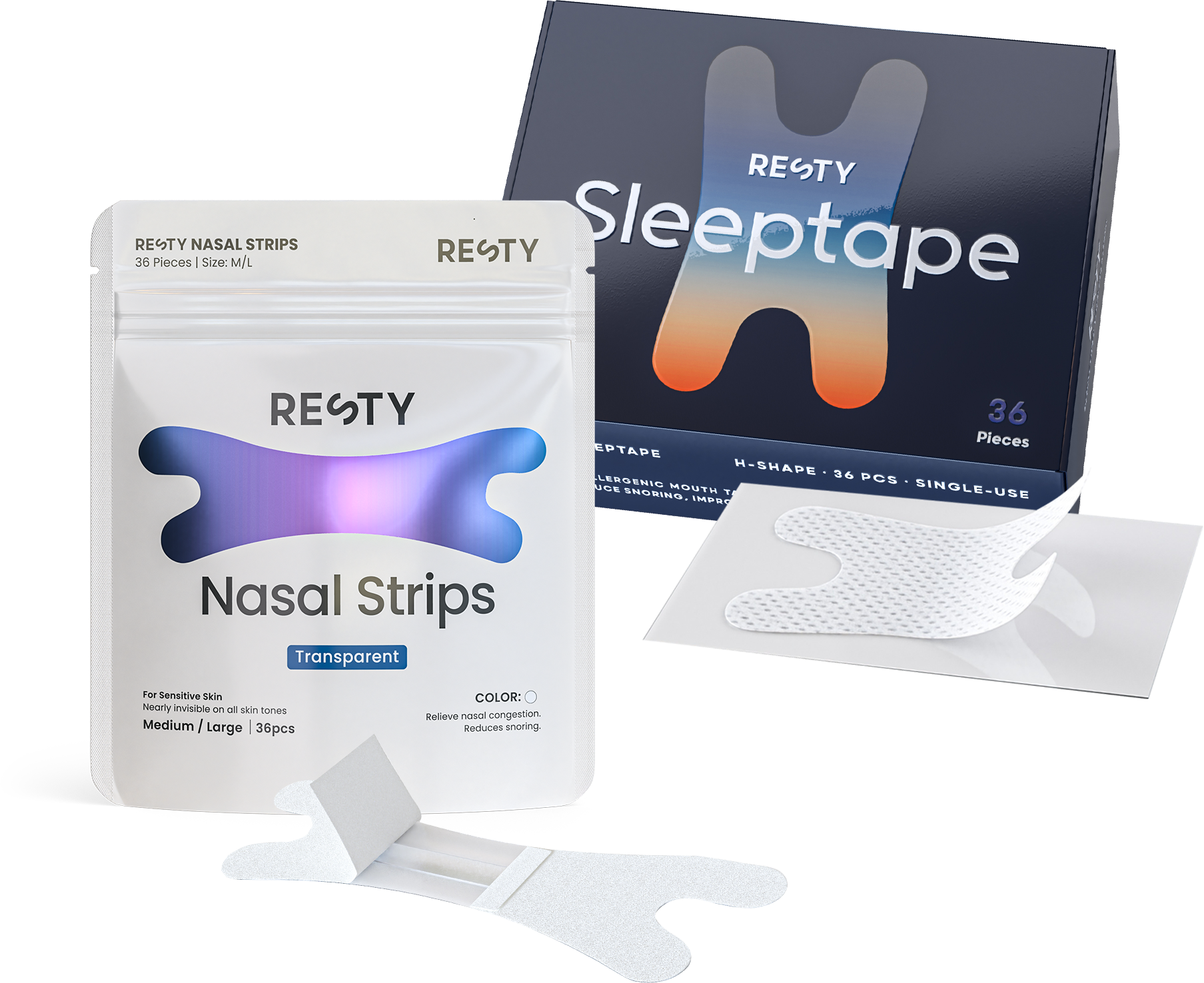 a packet of Resty H-Shape mouth tape next to a packet of resty transparent nasal strips