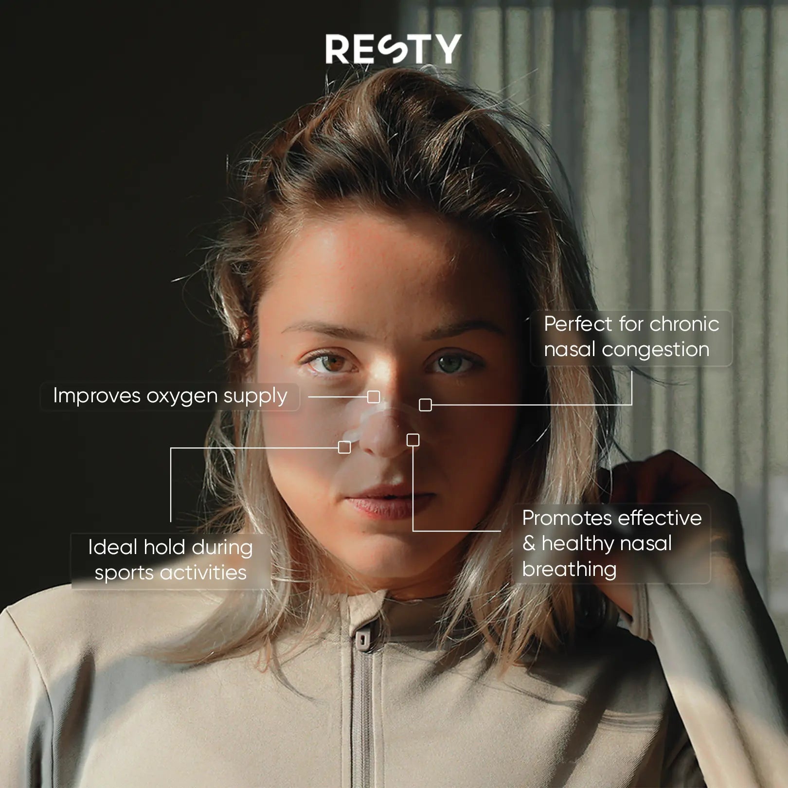 a blonde woman is wearing Resty Transparent Nasal Strips. The text overlaying the image reads 'Resty. Promotes effective and healthy nasal breathing. Perfect for chronic nasal congestion. Improves oxygen supply. Ideal hold during sports activities.'