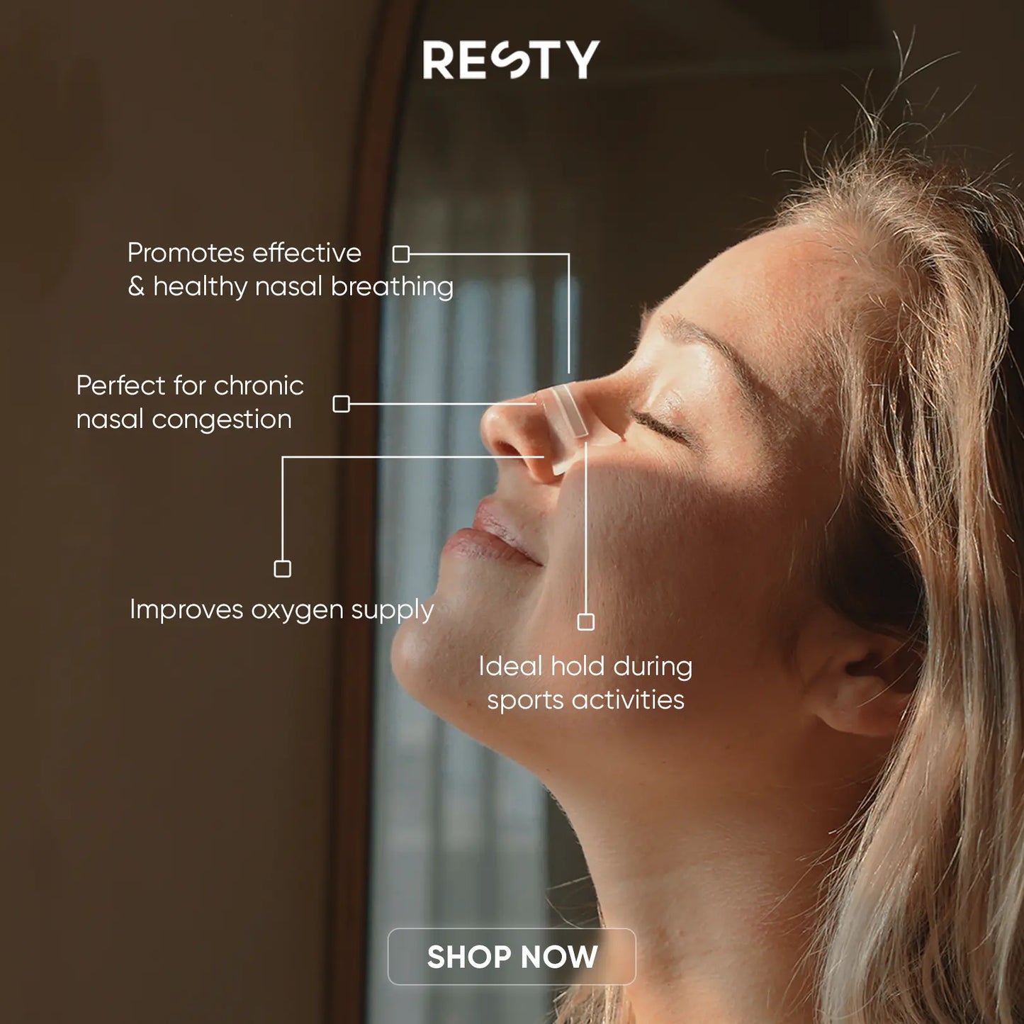 a blonde woman is wearing Resty Transparent Nasal Strips. The text overlaying the image reads 'Resty. Promotes effective and healthy nasal breathing. Perfect for chronic nasal congestion. Improves oxygen supply. Ideal hold during sports activities. Shop now.'