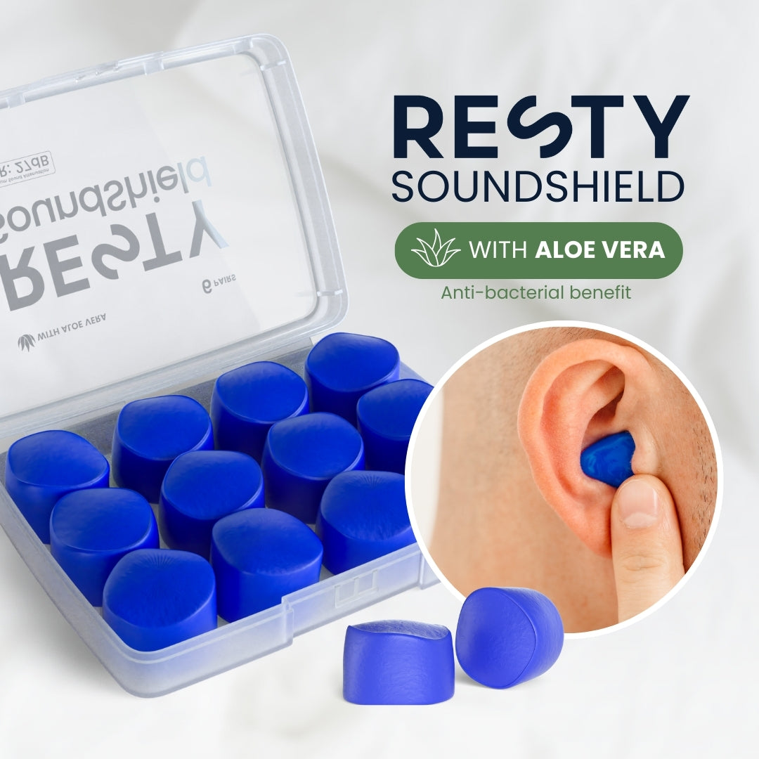 An open packet of Resty Soundshields verlaid with an image of a man inserting a soundshield into his ear. The text in the image says Resty soundshields with aloe vera, anti-bacterial benefit