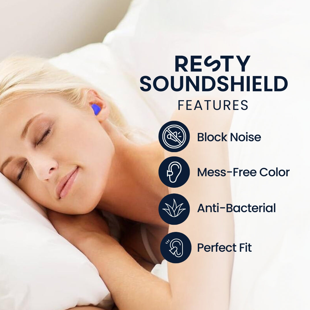 Resty Soundshields benefits. Text reads Resty soundshield features. Block noise. Mess-free color. Anti-bacterial. Perfect fit.