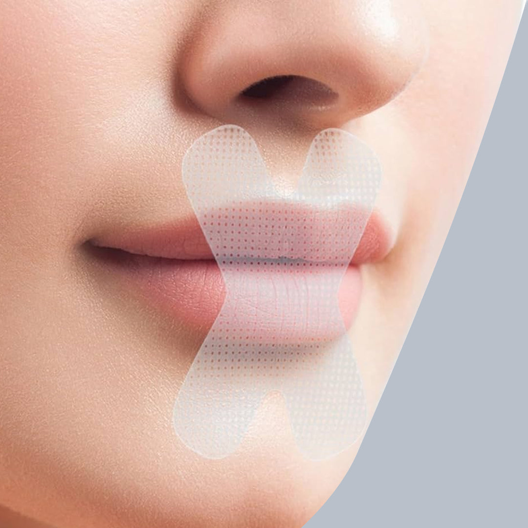 Woman using Resty mouth tape before and after sleep analysis results on smartphones.