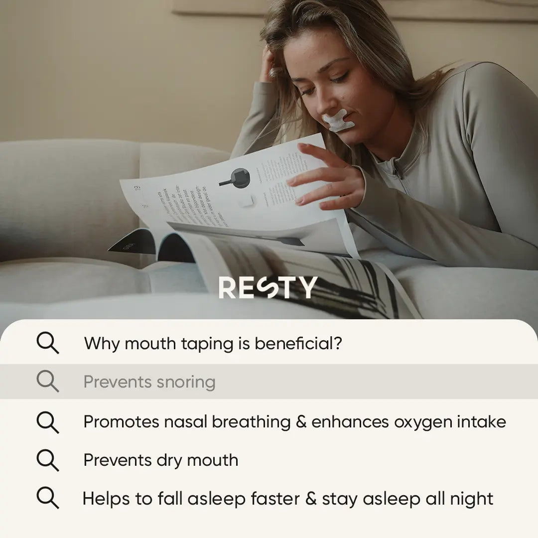 A woman wearing Resty H-Shape Mouth Tape. The text below reads 'Resty. Why mouth taping is beneficial? Prevents snoring. Promotes nasal breathing and enhances oxygen intake. Prevents dry mouth.  hELPS TO FALL ASLEEP FASTER AND STAY ASLEEP ALL NIGHT.'