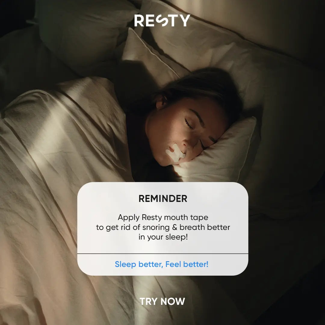 A woman is asleep while wearing resty H-Shape Mouth Tape. Text over image reads 'Reminder. Apply Rest mouth tape to get rid of snoring and breath better in your sleep.'