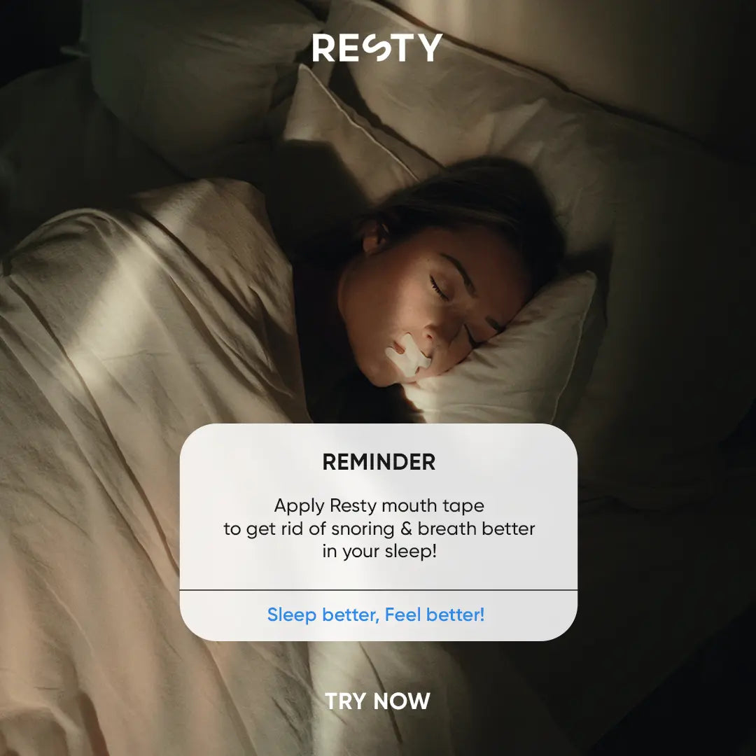 A woman is sleeping wearing resty h shape mouthtape. The image is overlaid with text reading 'Reminder. Apply resty mouth tape to get rid of snoring and breath better in your sleep. Sleep better, feel better! Try now.'