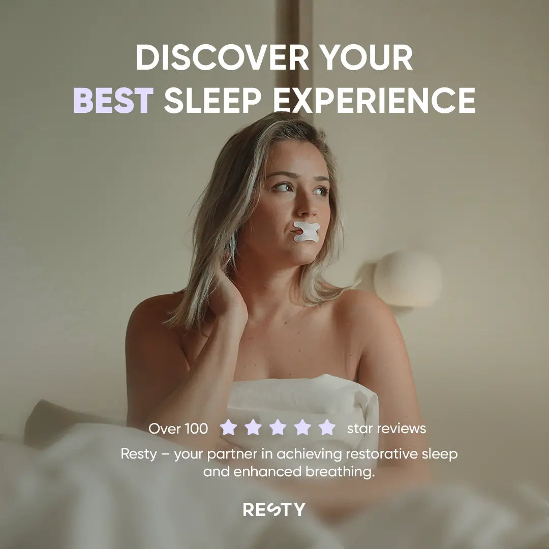 A blonde woman wearing Resty H-Shape Mouth Tape. The text reads 'Discover your best sleep experience. Over 100 5 star reviews. Resty - your partner in achieving restorative sleep and enhanced breathing.'