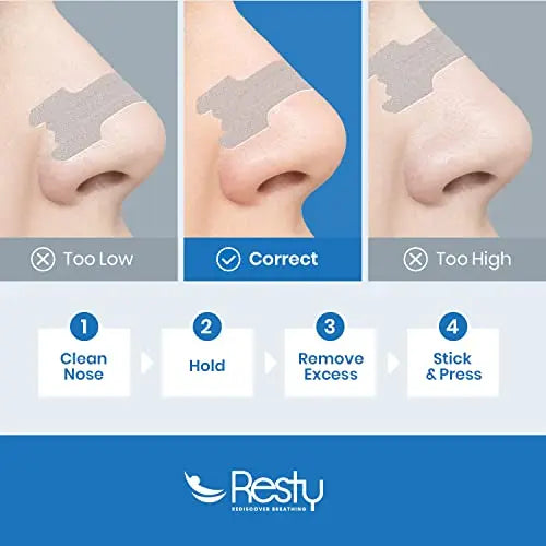 Three images showing noses with resty nasal strips on. Text under each reads ' Too low. Correct. Too high.' Text under this reads 'Clean nose. Hold. Remove excess. Stick and press.'