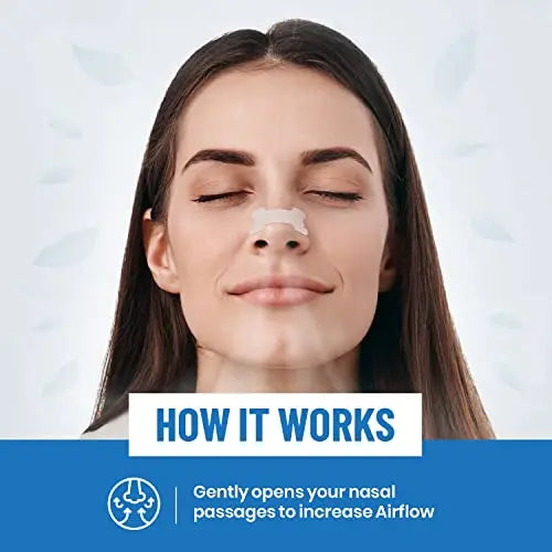 A woman with brown hair is wearing resty Sandy Tan Nasal Strips and there is visible breath coming from her nose. Text over image reads 'How it works. Gently opens your nasal passages to increase airflow.'