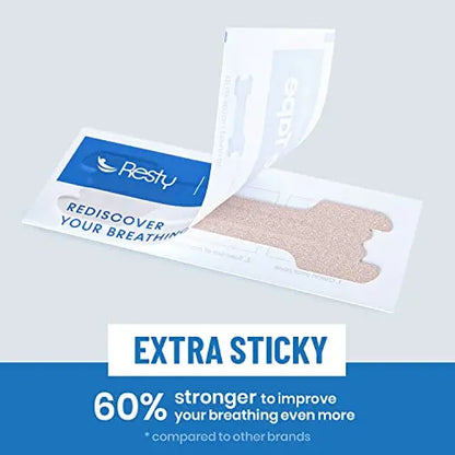 Resty Sandy Tan Nasal Strip. Text under trip reads 'Extra sticky. 60% stronger to improve your breathing even more. *compared to other brands.'