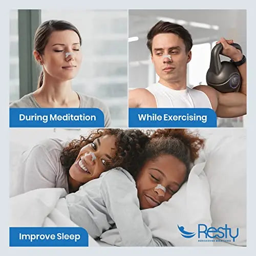 three images. first one shows a woman with her eyes closed wearing resty nasal strips. Text reads 'during meditation'. second image shows a man holding a kettlebell while wearing resty nasal strips, text reads 'while exercising'. Third image shows a woman and her child in bed while wearing resty nasal strips, text reads 'improve sleep'.